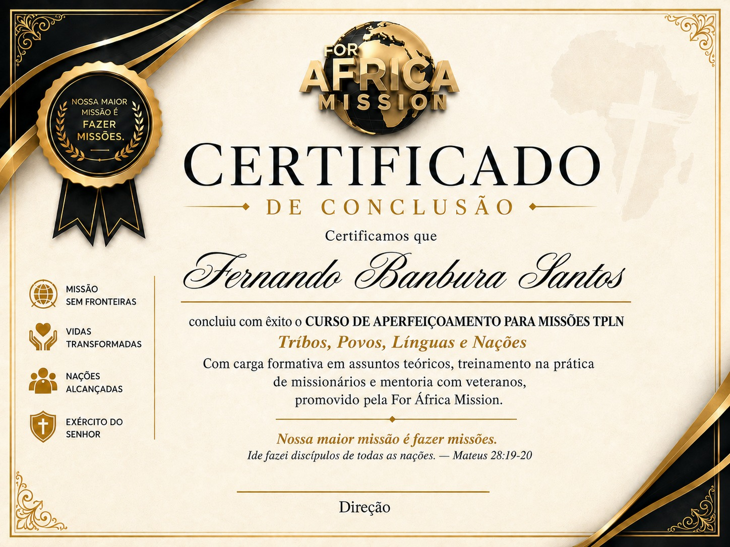 Certificado de conclusão do curso TPLN da For África Mission